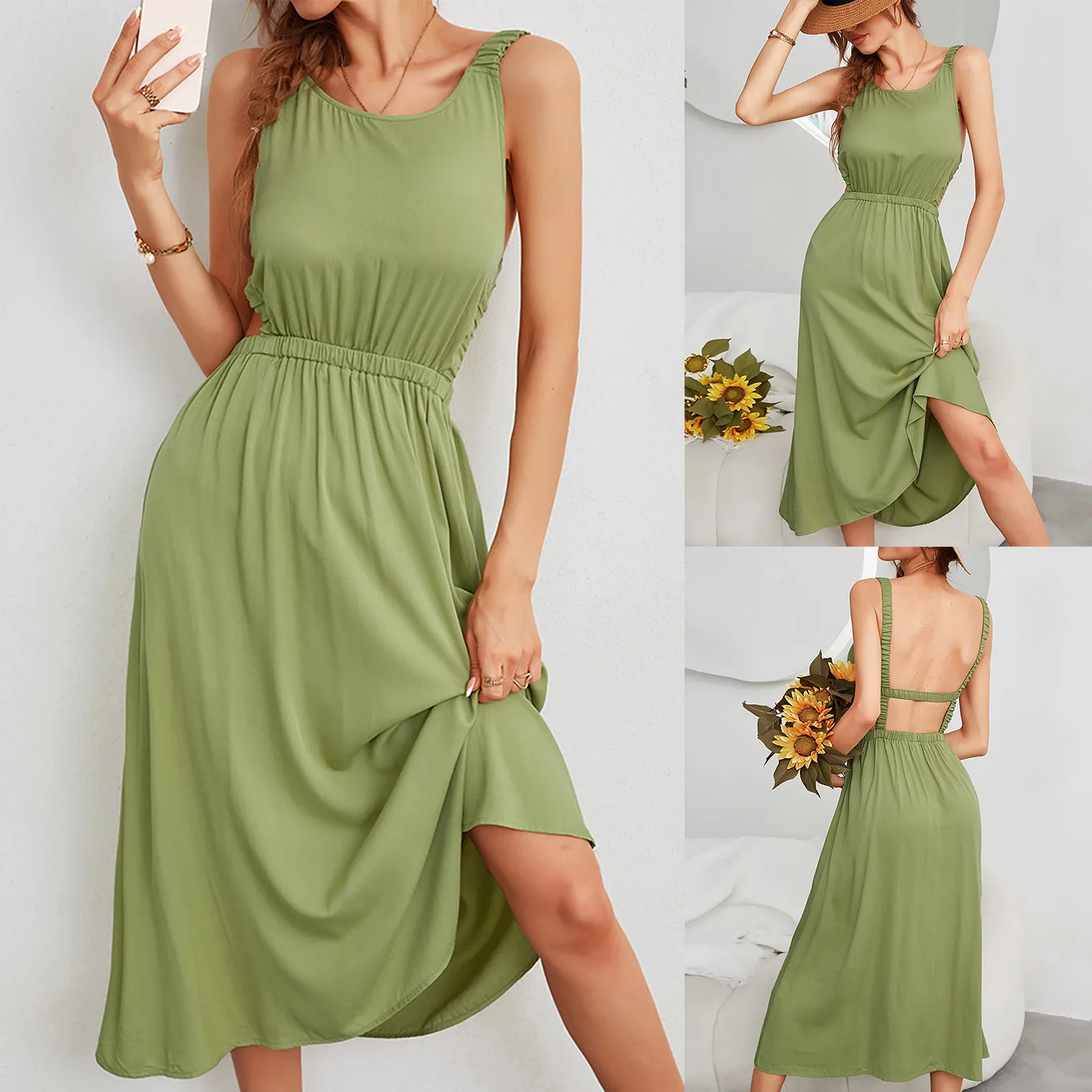 

Женское однотонное платье на бретельках с открытой спиной, длинное платье с широкой юбкой, милое платье из шестнадцати частей