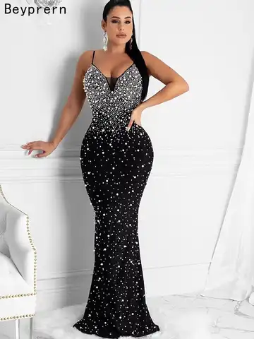 Beyprern Beautiful Open Back Pearls Rhinestone Maxi Dress Summer Womens Elegant Crystal Party Dresses Gowns Birthday Outfits