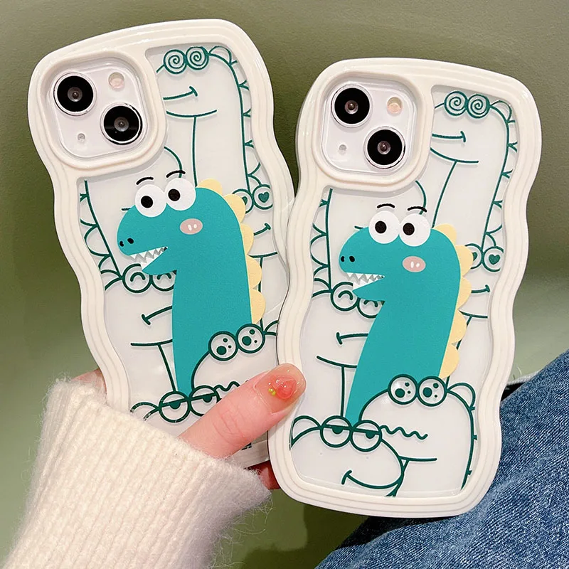 

2 in 1 Wave Pattern Shockproof Transparent Soft Case For iPhone 13 11 12Pro XS Max XR X Cartoon Green Dinosaur Silicone Cover