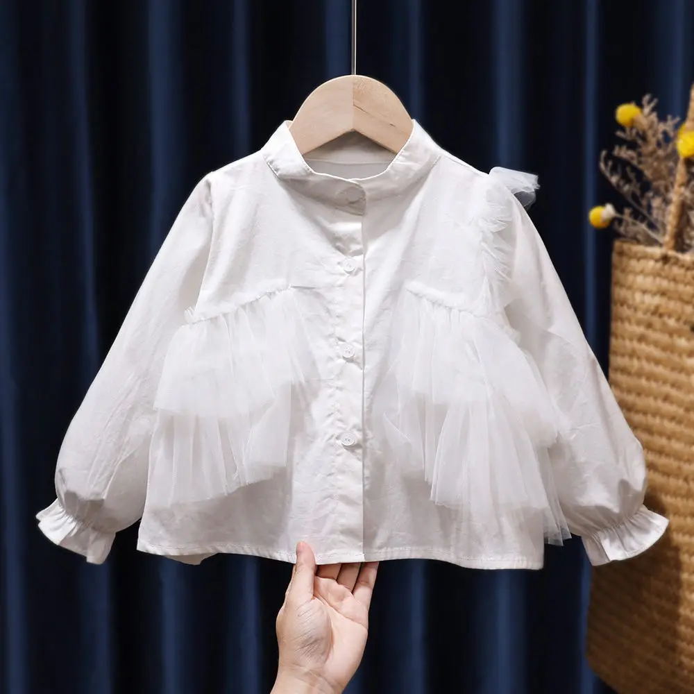

2022 Spring Autumn Fashion 2 3 4 6 Years Kids Cute Long Trumpet Sleeve V-Neck Cotton White Blouse Shirts For Baby Girls