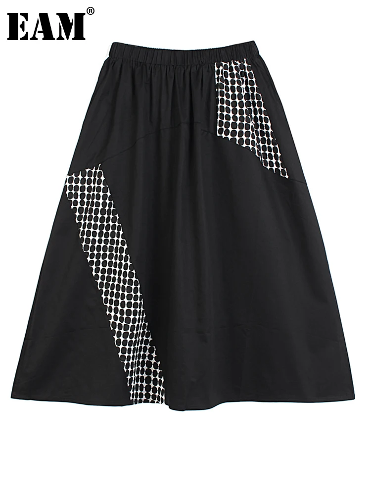

[EAM] High Elastic Waist Black Dot Printed Pleated A-line Half-body Skirt Women Fashion Tide New Spring Autumn 2022 1DE8031