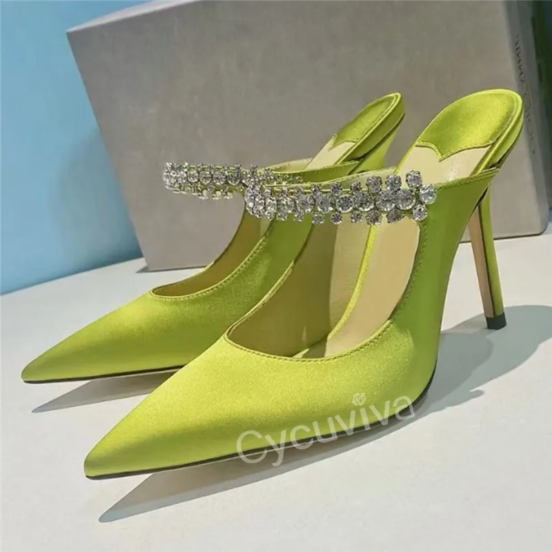 

Summer New Silk Crystal Shoes Women Slippers Pointy Toe Thin High Heel Shoes Designer Brand Mules Sexy Party Banquet Shoes Woman