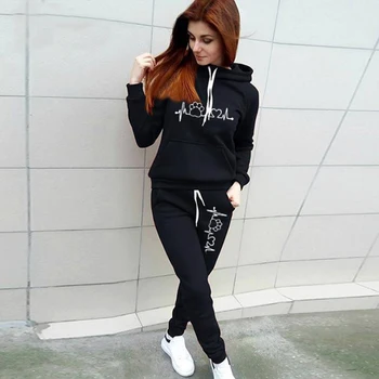 Fleece Women's Hoodies Sets Cat Paw Graphic Heart Print Sportswear Two Piece Suit Loose Long Sleeved Hooded Pullover Sweatpants 1