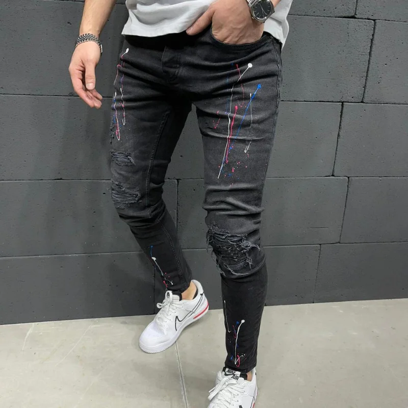 New Men's Jeans Men's Four Seasons Black Casual Travel Print Button Sports Pants Ripped Jeans Stretch Skinny Pencil Pants Denim