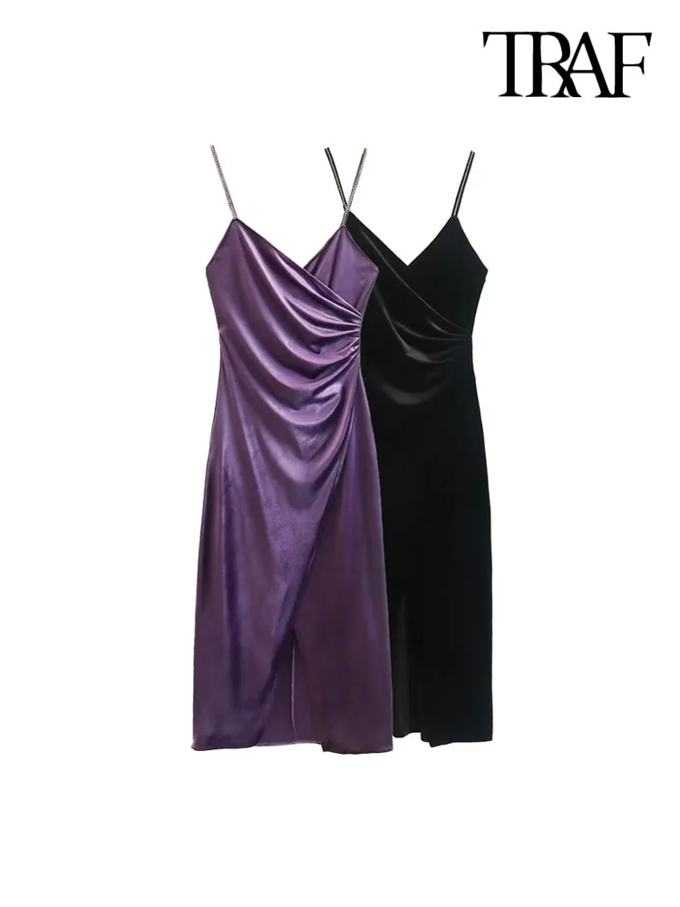 

TRAF Women Fashion Front Slit Pleated Velvet Midi Dress Vintage Backless Thin Rhinestone Straps Female Dresses Vestidos