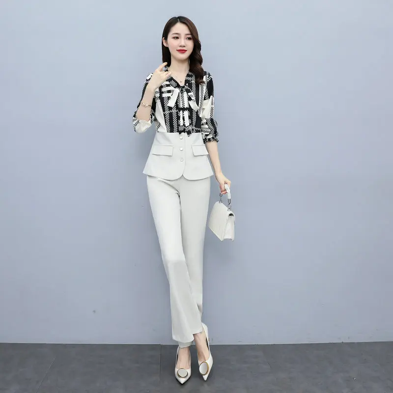 2023 Office Lady Shirt And Trouser 2 Pieces Suit Set Women Black White Twinset Tie Up Top And Pant 2PCS Outfits Business Suit