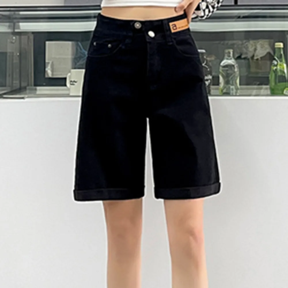 Denim Khaki Knee Length Shorts Women Loose High Waist Biker Short Jeans Ladies 2023 Summer Streetwear Black Shorts