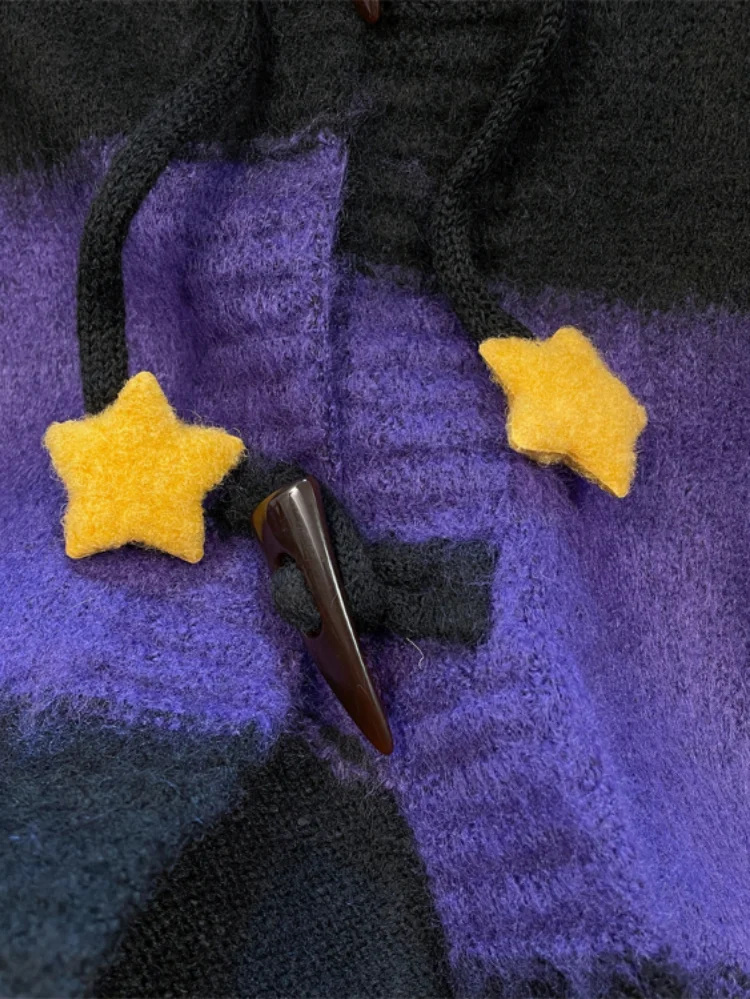 Женский винтажный Кардиган со звездами Y2k полосатый мохеровый свитер с капюшоном