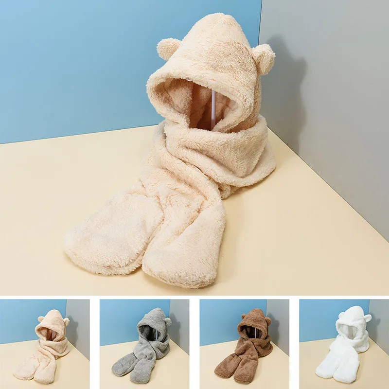 

2022 Winter Outdoor Ski Windproof Hat Warm Thick Cute Korean Hat Women 3 Piece Warm Glove Hat Solid Color Ski Hat Hand Warmers