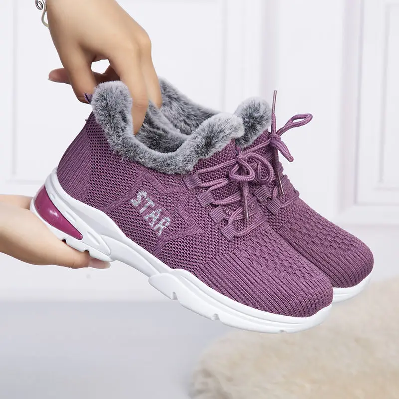 

2022 Winter Snow Boots for Women Chunky Warm Vulcanized Shoes Ladies Flats Non-Slip Knitted Fabric Casual Plush Running Sneakers