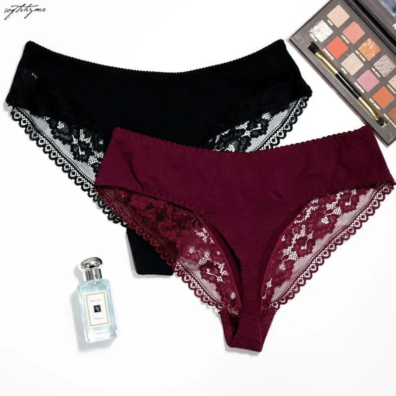Softrhyme 2pcs/set women cotton briefs large size thong T-back sexy panties lace hollow out  underwear underpants L-5XL lingerie