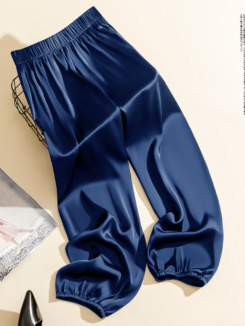 

High Waist Ice Silk Acetate Wide Leg Pants for Women Summer Loose Silk Satin Knickerbockers Silk Pants Ankle Length Trousers