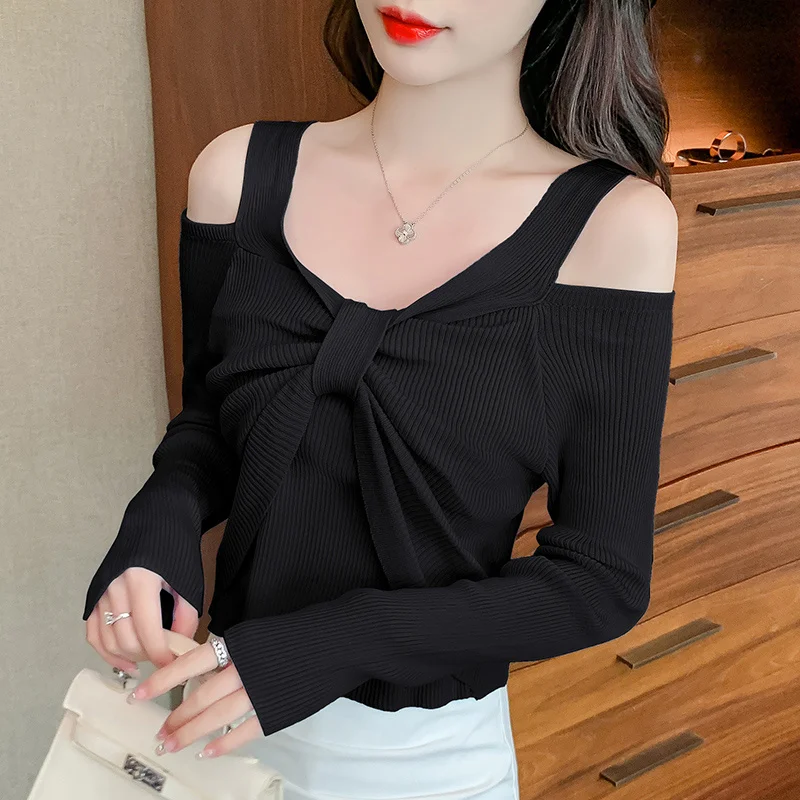 

#7949 Black White Blue Elastic Knitted T Shirt Women Sexy V-neck Off Shoulder Wrap Tight Short T Shirt Long Sleeve Korean Style