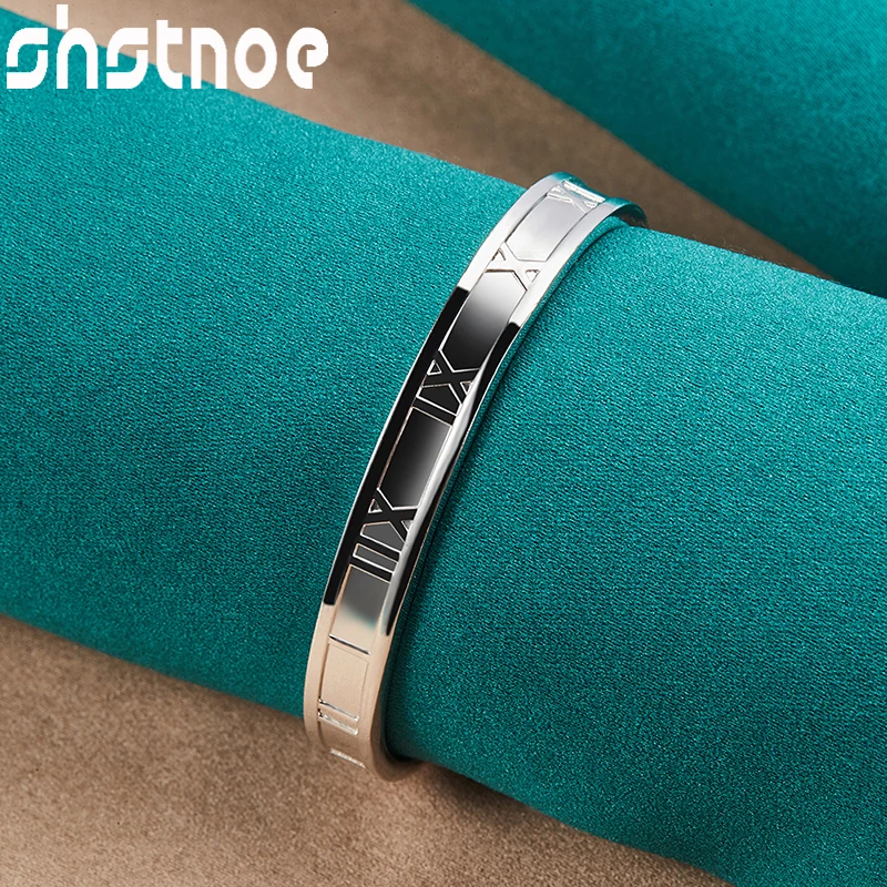 

SHSTONE New 925 Sterling Silver 7mm Adjustable Opening Engraving Roman Numerals Bangles For Women Birthday Wedding Party Jewelry