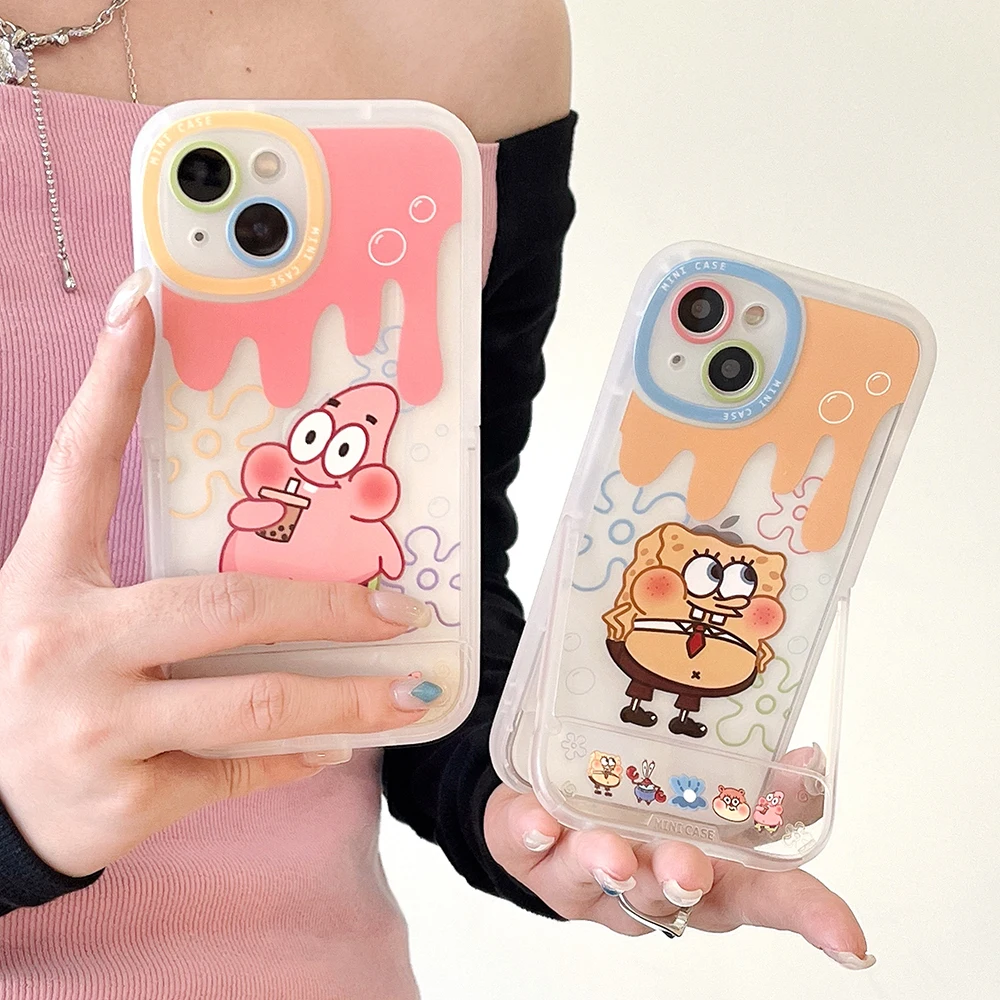 

Cute Cartoon SpongeBobs SquarePants Invisible Bracket Clear Phone Case for IPhone 14 13 12 11 Pro Max Plus Anti-fall Back Cover
