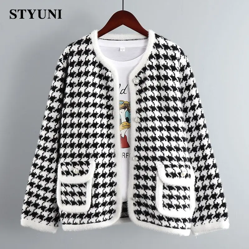 

Houndstooth Plaid Vintage Mink Cashmere Soft Knitted Women's Sweater Cardigan Korean Fashion Long Sleeve Jacket Coat Cardigans