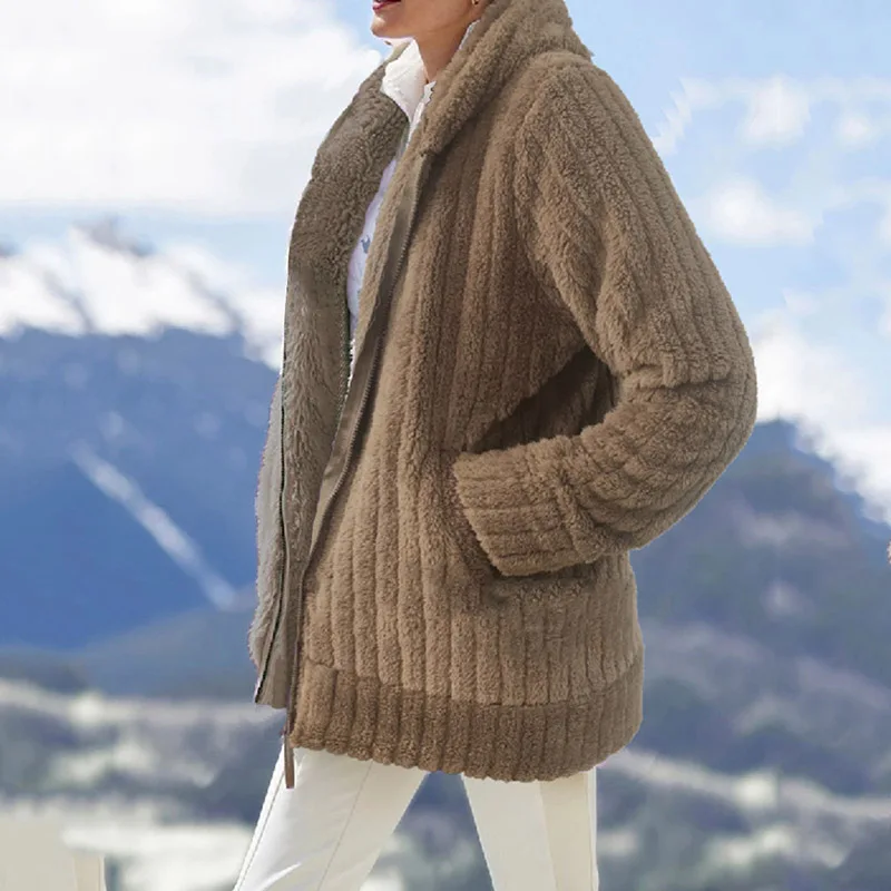 2023 Women's Winter Warm Faux Fur Coat Zipper Plush Hooded Cardigan Loose Jacket Hood Sweat-shirt Outwear