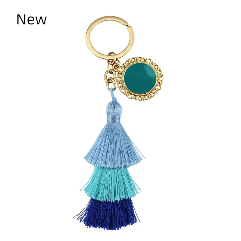 

Triple Layer Tassel Monogram Key Chain Bag Accessories 8 Color Round Enamel Blank Pendant Charm Keyrings