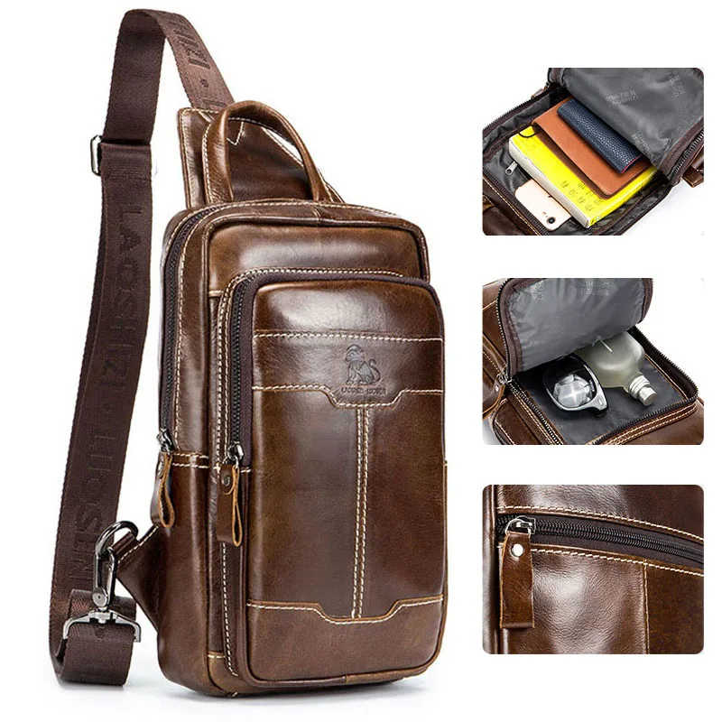 

Pack Top Leather Travel Messenger For Waterproof Chest Genuine Men's Bag Retro Layer Crossbody Sling Bags Male Cowhide Shoulder
