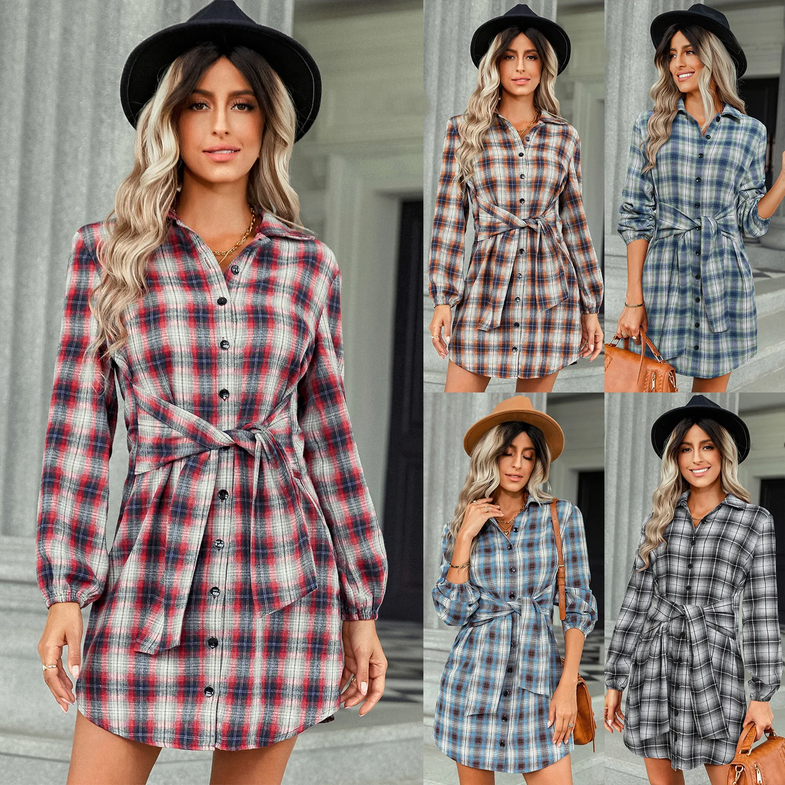 

New women's single-breasted fashion plaid lace-up waist dress for women