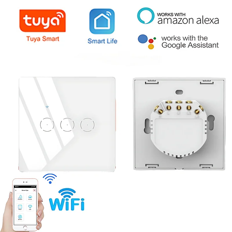 

Tuya Wireless Smart Home Light Touch Switch - No Neutral Wire Needed - Works with Alexa and Hey Google - 1/2/3 Gang 100-240V