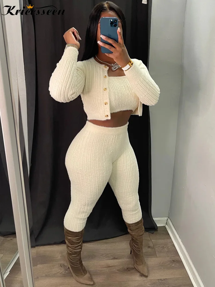 

Kricesseen Fashion White Furry Tracksuits Set 2 Piece Outfits Chic Sweater Matching Set Women Night Club Outfits Sexy Clubwear