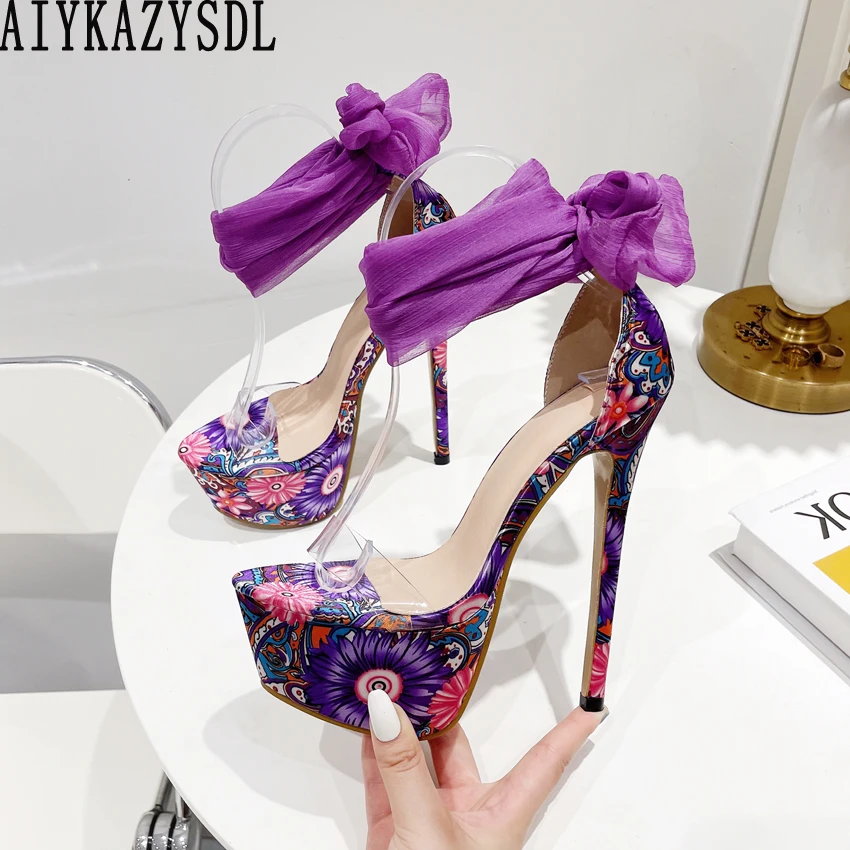 

AIYKAZYSDL Ribbon Lace Up Floral Boho Sandals Flower Shoes Clear Transparent Strap Platform Ultra Very High Heel Stripper Shoes
