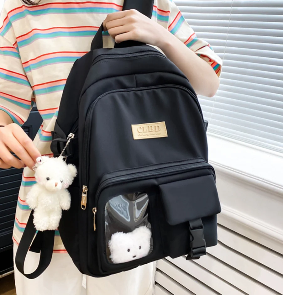 

Большой Вместительный рюкзак с надписью, школьный ранец с подвеской в виде медведя, нейлоновая прозрачная Водонепроницаемая Дорожная сумка на молнии