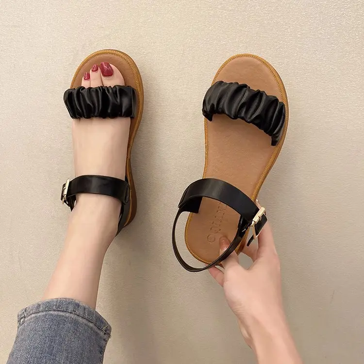 

2022 Summer Low Sandals Woman Leather Buckle Strap Open Toe Suit Female Beige Women’s Shoes Clogs With Heel Low-heeled Gladiator