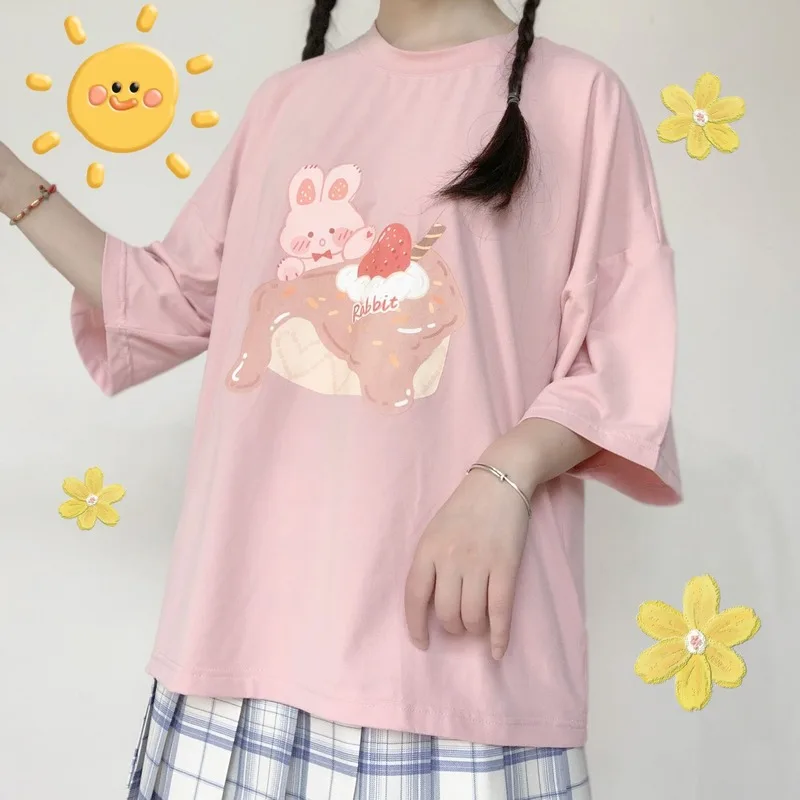 

Korean Style Women Tshirt Fashion 2022 Cute Print T Shirt Short Sleeve Tops Casual Loose Pink Graphic T Shirts Women