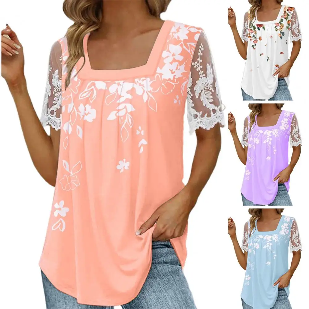 

Women Summer T-shirt Square Collar Lace Ladies T-shirt Floral Printing Casual Short Sleeve Blouse