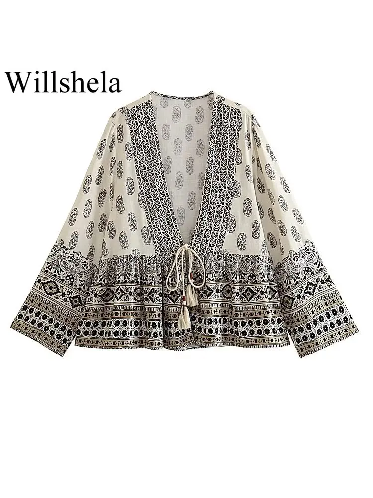 

Willshela Женская модная плиссированная блуза на шнуровке с принтом, винтажная женская блузка с длинными рукавами и v-образным вырезом