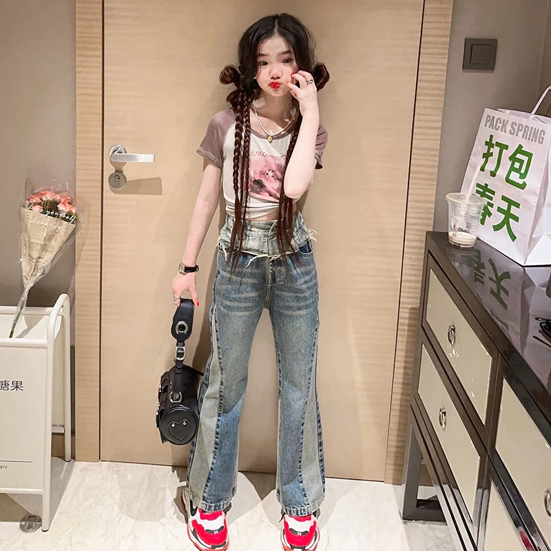 

Childrens teenage Girls jeans Patchwork cowboy trousers 5 6 8 10 12 13 14 2023 Fashion kids Bottoms flared Suits Pants set