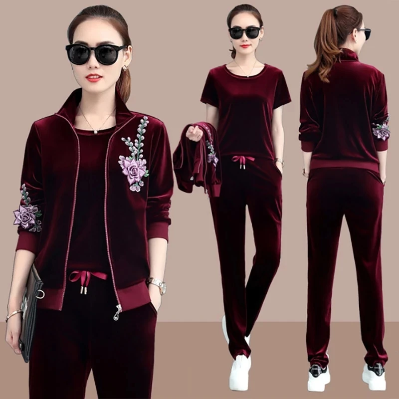 

Velvet Tracksuit women's 3 piece set Autumn Winter Clothes Jacket Short Sleeve T-shirt Pants Jogging Velour Women's Pant Suits