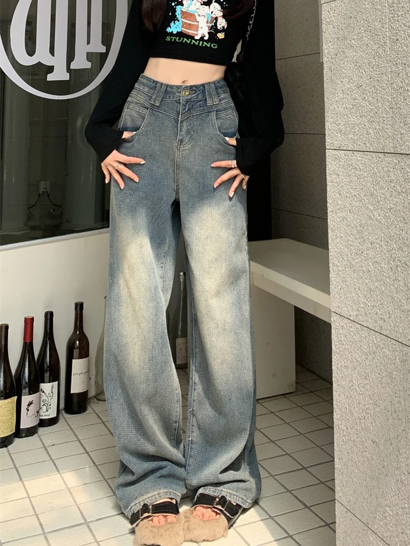 

Women Y2k High Street Vintage Washed Jeans Straight American Loose Full Length Denim Wide Leg Pants Spring Pantalon Casual