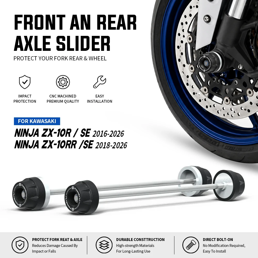 Фото Защитные слайдеры для передних и задних колес ZX10R для мотоциклов KAWASAKI Ninja ZX-10R ZX-10RR 2016-2025, защита передней вилки и маятника от падений №1