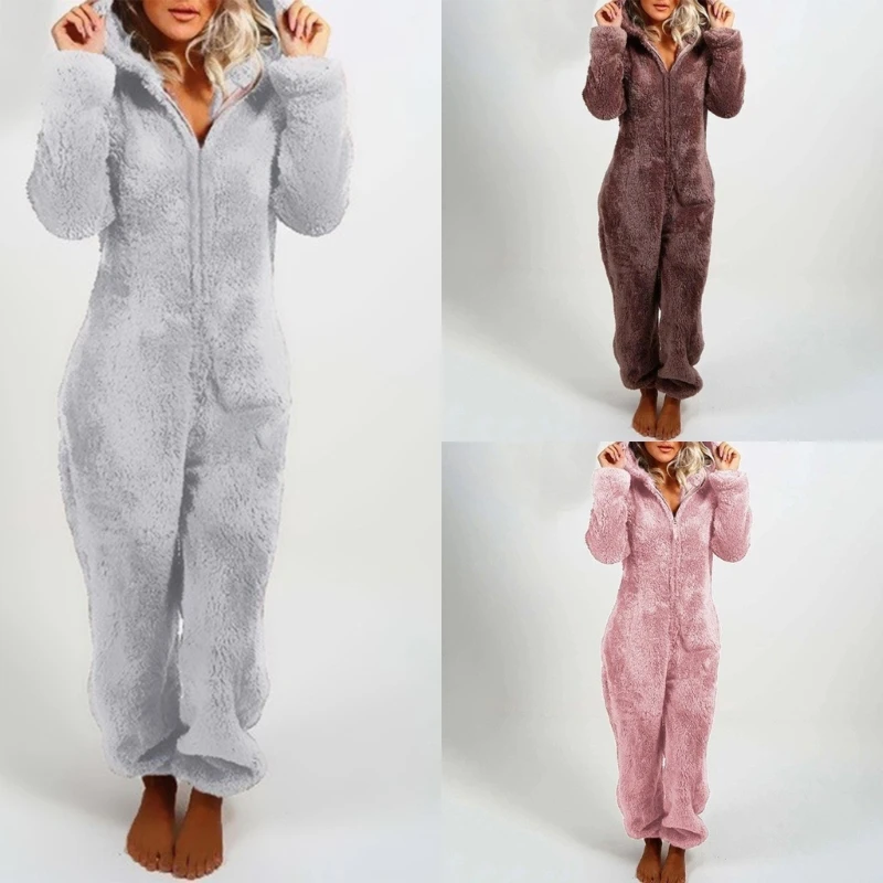 

Women Sleep Romper Christmas Pajamas Long Sleeve Hooded Home Plush Pajamas MXMA