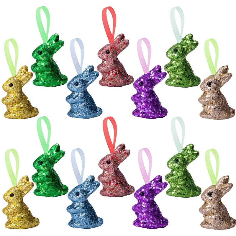 

14 PCS Easter Foam Glitter Rabbit Ornament Glitter Bunny Hanging Ornament For Easter Party Supplies DIY Decoration Gift