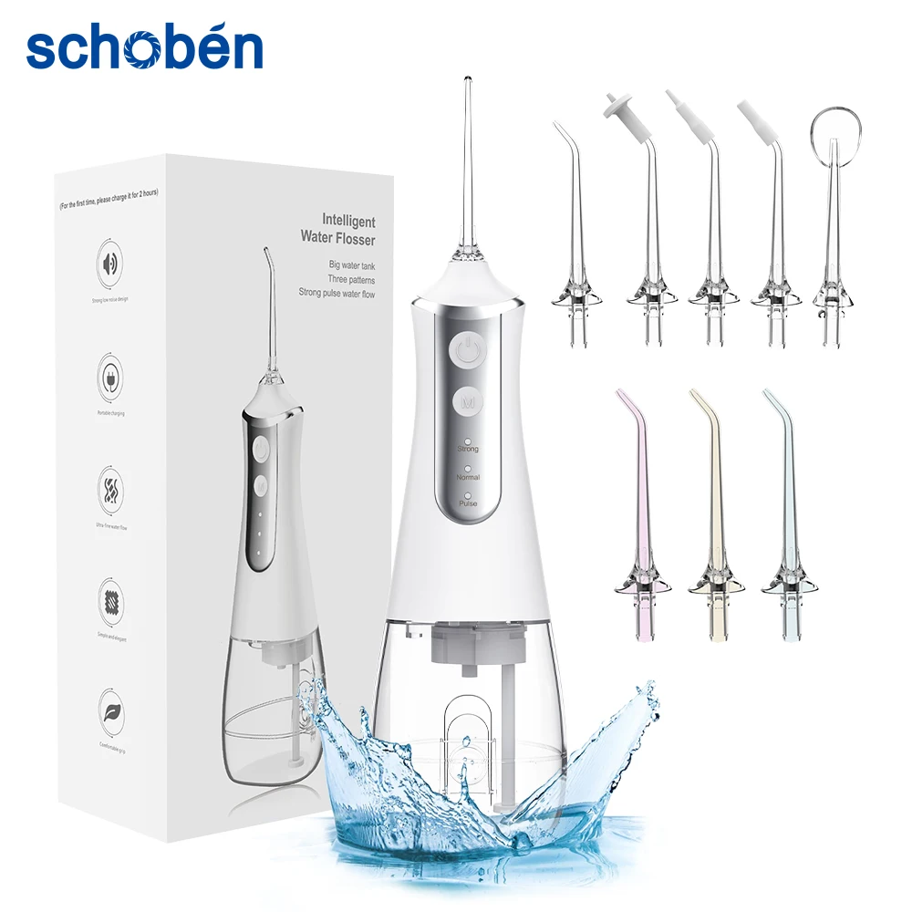 

Schoben Oral Irrigator Portable Dental Water Flosser USB Rechargeable Water Jet Floss Tooth Pick 5 Jet Tip 300ml 3 Modes IPX6