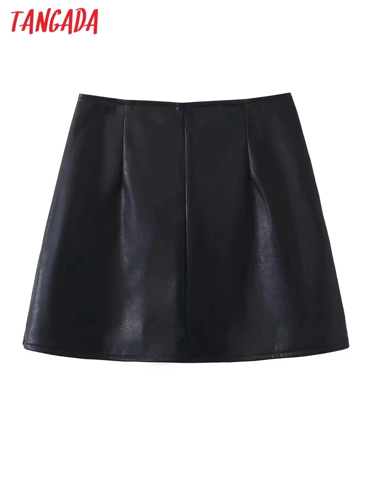 Tangada Women's Set Solid Black Faux Leather Blazer Skirt Set 2022 Autumn Fashion Suit 2 Piece Set Coat And Skirt SP20 enlarge