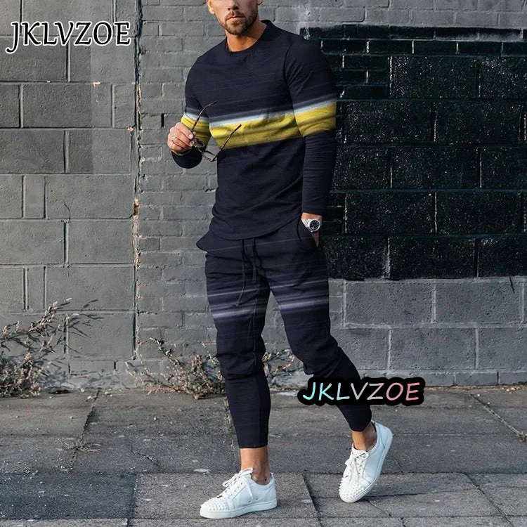 Summer Mens 2 Piece Set Tracksuits Luxury Outfit Long Sleeve O-Neck T-shir Set Casual Oversized Men Clothing Tshirt Suit Jogging