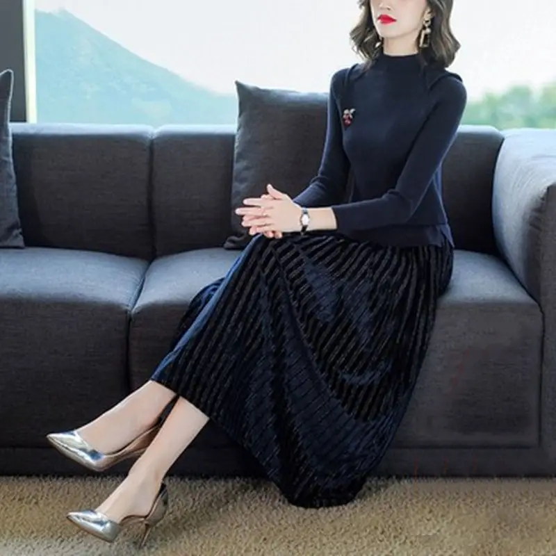 

Женское Повседневное трикотажное платье, элегантное плиссированное платье-свитер с высокой талией и длинными рукавами, Осень-зима-весна, M332
