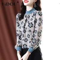 spring autumn korean elegant fashion print top women long sleeve loose casual chiffon shirt female half turtleneck lady pullover