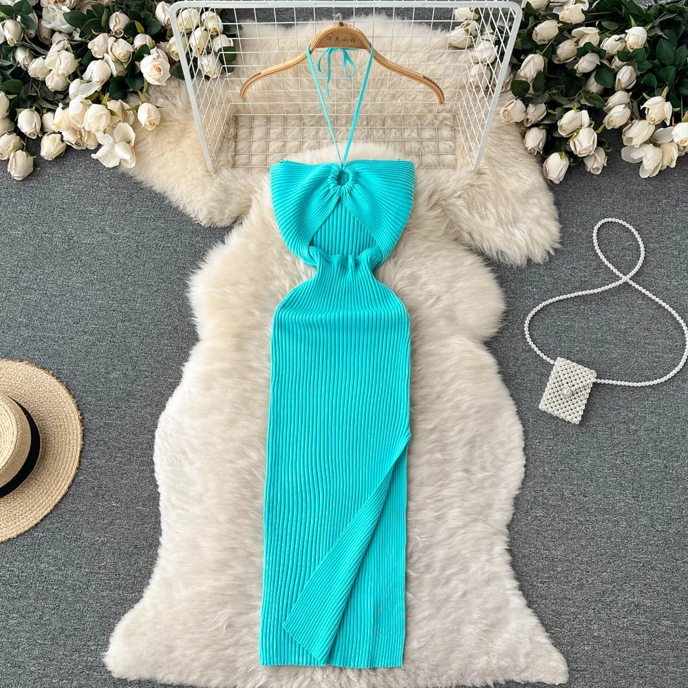 

Halter Crochet Bodycon Dress Cut Out Sexy Split Dresses Off Shoulder Backless Party Vestido Korean Women Chic Fashion Robe Y2k