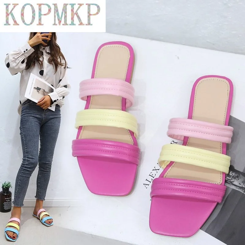 

Outdoors Summer Slip-On Sandals Fashion Design Weave Women Slippers Flat Heels Ladies Slip-On Mules Multicolor Open Toe Shoes