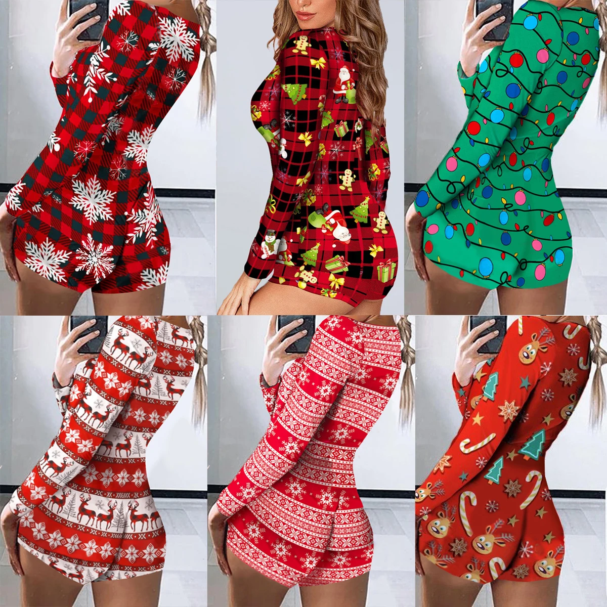 

Christmas Jumpsuit For Women Long Sleeve V-Neck Xmas Deer Snowflake Pattern Sexy Bodysuit Playsuit Clubwear