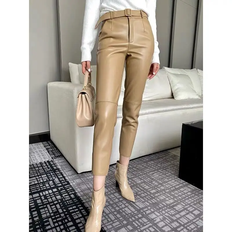 Woman Real Leather Pants New Style Female High Waist Genuine Leather Harm Pants Trousers Ladies Streetwear Fashion Pants G225