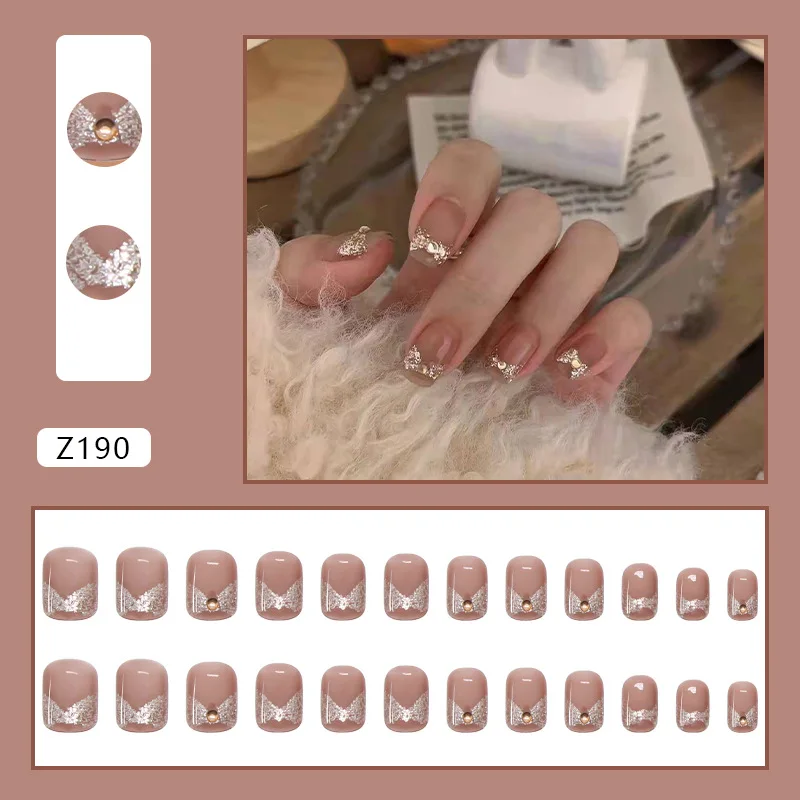 

2022 24PCS Rhinestone Bow False Nails Girls Sweet Style Short Press on Nails Wearable Finished Nail Piece with Jelly Gel EY669