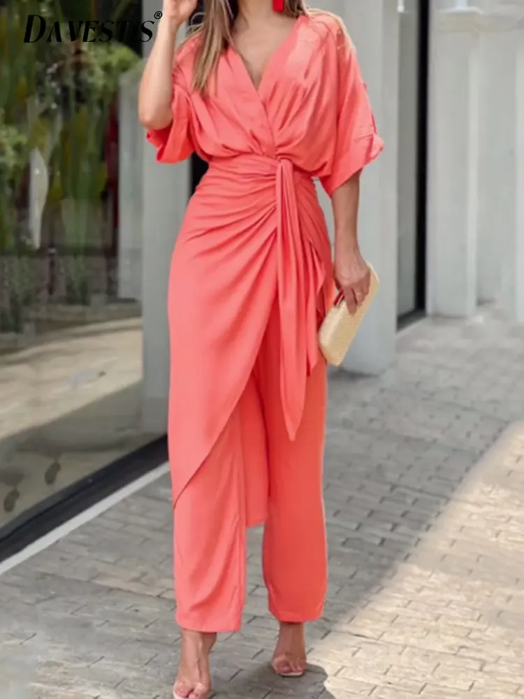 

Fashion Solid Color Trouser Suit Women 2023 Spring Summer Loose Breathable Pleated V-neck Midi Two Piece Set V-neck Office Sets