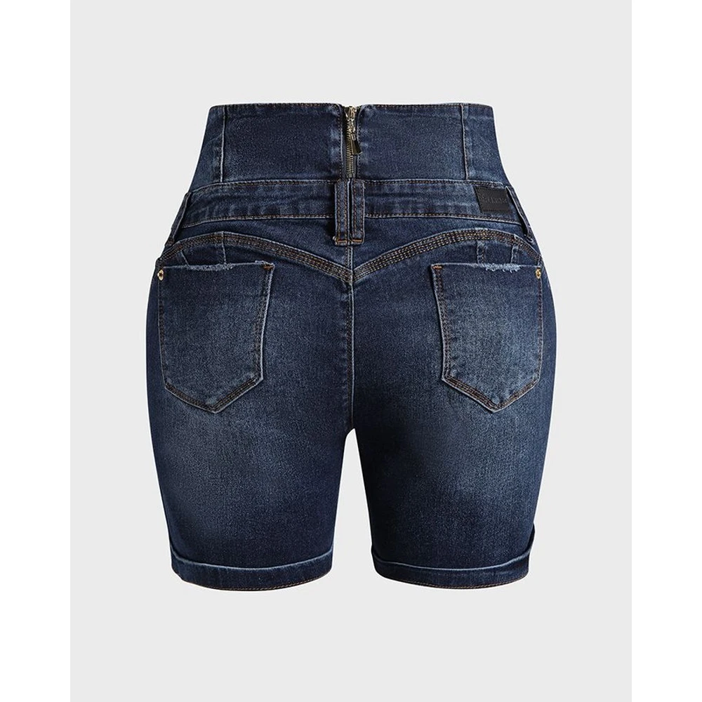 Summer Women High Waist Pocket Design Denim Casual Cuffed Shorts High Waist Skinny Hot Pants Fashion Jeans Short Mujer Jeans